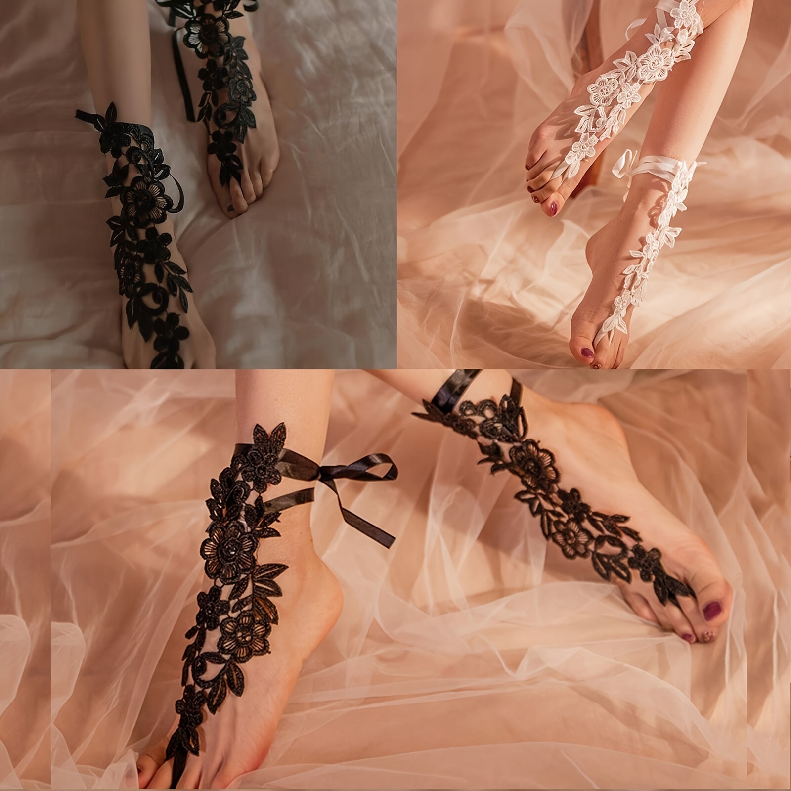 2pc Floral Lace Embroidery Anklet & Toe Ring Set for Women